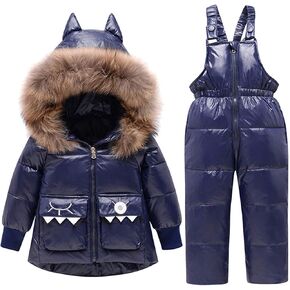 Toddler Boy Girl Snowsuit 2PCS Winter Clothes Kids Baby Down Coat with Furry Hood Puffer Down (Dark Blue, 5-6 Years)