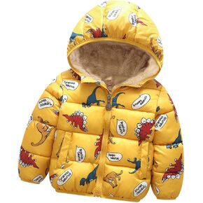 Yardwe Boy Girl Cartoon Dinosaur Print Padded Coat for Boy Girl Warm Cotton Outerwear Lightweight Short Jacket for Height for Outdoor Activities and Travel