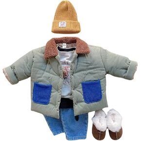 Kids Winter Puffer Colorblock Coat sherpa collar warm sage green unisex fleece pockets, Medium-X-Large