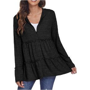 Women's Zip Up Blouses Long Sleeve V Neck Dressy Peplum Casual Tops Babydoll Shirts Fashion Lightweight Hoodies