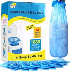 Diaper Pail Refill Bags,34 Bags Holds 1088 Counts Compatible with Arm&Hammer Diaper Pail Disposal System,Diapers Pails Snap,Seal and Toss Pail Refill Bags