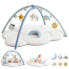 Oversized Baby Play Gym with 5 Detachable Toys & Tummy Time Pillow – Soft Cloud-Shaped Baby Play Mat for Newborns, Promotes Motor Skills & Sensory Development, Ideal Baby Gift