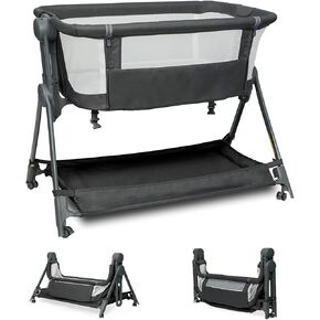 Bassinets Bedside Sleeper, Baby Bassinet One-Button Folding Portable Bedside Bassinets, Breathable Mesh and Soft Mattress, Adjustable Height Baby Crib with Storage Basket and Wheels for Newborn