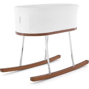 Delta Children Rockaway Rocking Bassinet - Portable Baby Crib with Solid Wood Feet, Organic GOTS Certified Performance Fabric Exterior, Breathable Interior, Includes Mattress Pad & Fitted Sheet, Ivory