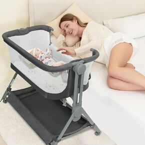 MOOITZ Bassinets Bedside Sleeper, Baby Bassinet One-Button Folding Portable Bedside Bassinets for Newborn, Breathable Mesh and Soft Mattress, Adjustable Height Baby Crib with Storage Basket, Grey