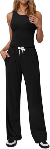 Women's 2 Piece Outfits Summer Sleeveless Crew Neck Tank Top Drawstring Wide Leg Pants Lounge Matching Sets with Pockets in Kuwait