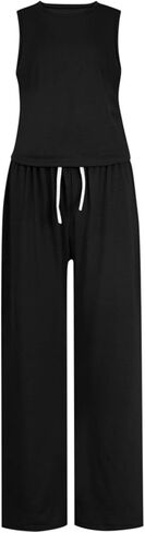 Women's 2 Piece Outfits Summer Sleeveless Crew Neck Tank Top Drawstring Wide Leg Pants Lounge Matching Sets with Pockets in Kuwait