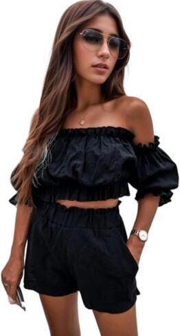 Two Piece Sets for Women Casual Ruffle Off Shoulder Top High Waisted Shorts Vacation Outfits Going Out Streetwear in Saudi Arabia