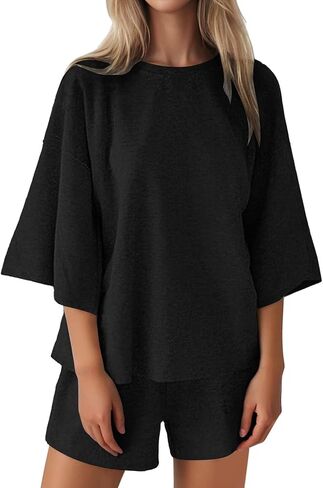 Womens 2 Piece Lounge Sets 3/4 Sleeve Tshirts and Shorts Set Solid Casual Oversized Short Matching Sets Summer Outfits in Saudi Arabia