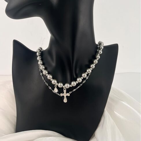 Buyongwant Cross Necklace Y2k Irregular Double layered Layered Diamond Set Zircon Trend Hip Hop Fashion Vintage Pendant Black in Saudi Arabia
