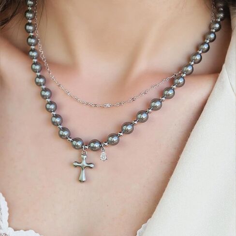 Buyongwant Cross Necklace Y2k Irregular Double layered Layered Diamond Set Zircon Trend Hip Hop Fashion Vintage Pendant Black in Saudi Arabia