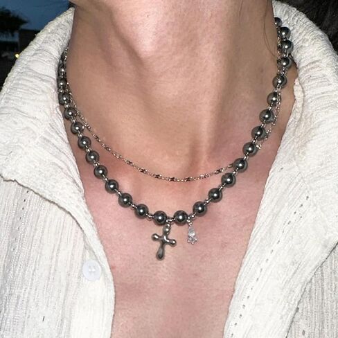 Buyongwant Cross Necklace Y2k Irregular Double layered Layered Diamond Set Zircon Trend Hip Hop Fashion Vintage Pendant Black in Saudi Arabia