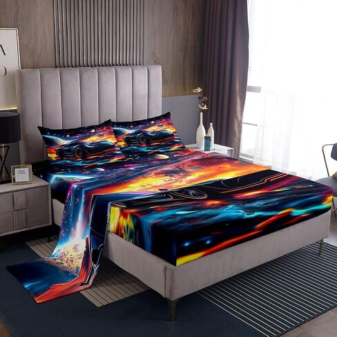 Erosebridal Toddler Boys Race Car Queen Size Bed Sheets,Extreme Sports Gaming Themed Sheets with Aqua Teal Gradient Stripes & Black,Cool Speed Carro Racing Car Kids Room Decor Bed Set for Kids Teen in Saudi Arabia