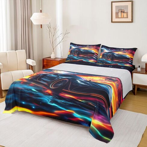 Erosebridal Toddler Boys Race Car Queen Size Bed Sheets,Extreme Sports Gaming Themed Sheets with Aqua Teal Gradient Stripes & Black,Cool Speed Carro Racing Car Kids Room Decor Bed Set for Kids Teen in Saudi Arabia