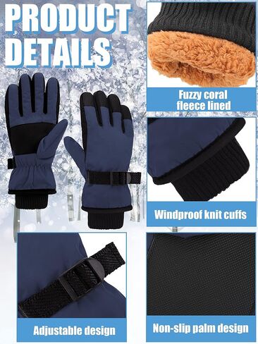 2 Pairs Kids Snow Gloves Waterproof Winter Ski Gloves Warm Unisex Gloves with Hook and Loop in Kuwait