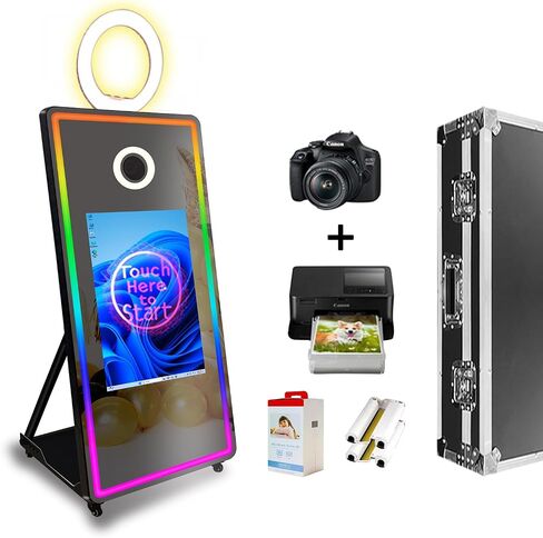 Mirror Photo Booth with Camera and Printer,65 in Magic Mirror PhotoBooth 32 inTouch Screen Machine for Events Parties Wedding Rental with Flight Case (Black, 65''Mirror Booth+Camera+Printer) in Saudi Arabia