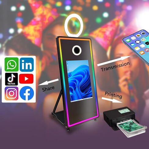 Mirror Photo Booth with Camera and Printer,65 in Magic Mirror PhotoBooth 32 inTouch Screen Machine for Events Parties Wedding Rental with Flight Case (Black, 65''Mirror Booth+Camera+Printer) in Saudi Arabia