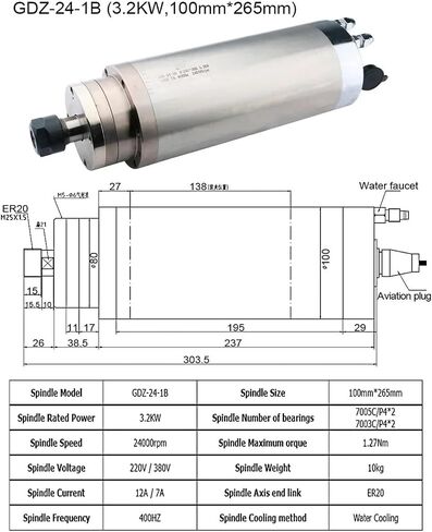 Water Cooled Spindle 800W 1.5KW 2.2KW(3.2KW 105X265mm ER20) in Saudi Arabia