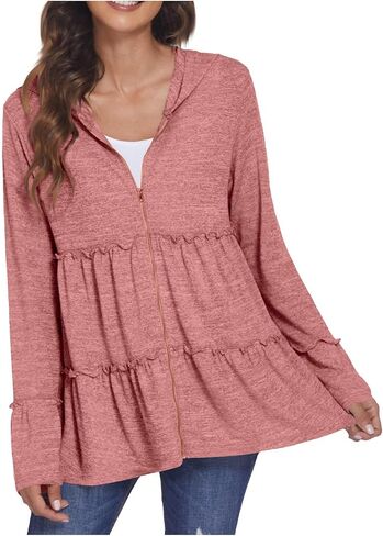 Women's Zip Up Blouses Long Sleeve V Neck Dressy Peplum Casual Tops Babydoll Shirts Fashion Lightweight Hoodies in Saudi Arabia