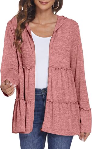Women's Zip Up Blouses Long Sleeve V Neck Dressy Peplum Casual Tops Babydoll Shirts Fashion Lightweight Hoodies in Saudi Arabia