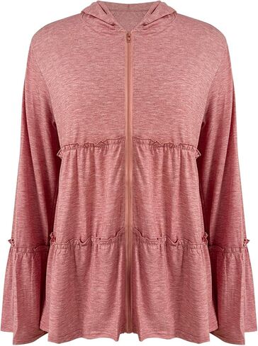 Women's Zip Up Blouses Long Sleeve V Neck Dressy Peplum Casual Tops Babydoll Shirts Fashion Lightweight Hoodies in Saudi Arabia