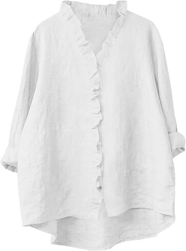 زر القميص لأسفل للنساء من الكتان القطن غير الرسمي 3/4 كم من LOW hem Blouse Bluse Trim in Kuwait