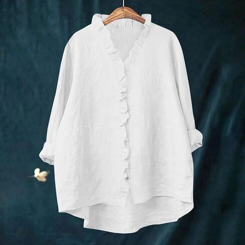 زر القميص لأسفل للنساء من الكتان القطن غير الرسمي 3/4 كم من LOW hem Blouse Bluse Trim in Kuwait