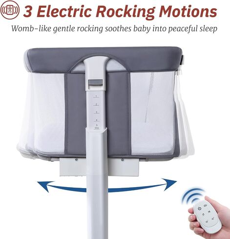 Electric Bassinet for Baby, 3 Speeds Automatic Rocking Bassinets with All mesh, 5 Height Adjustment Bedside Crib for Nweborn, 8 Music, Wheels, Light Grey in Kuwait