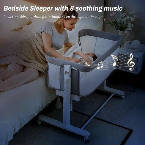 Electric Bassinet for Baby, 3 Speeds Automatic Rocking Bassinets with All mesh, 5 Height Adjustment Bedside Crib for Nweborn, 8 Music, Wheels, Light Grey in Kuwait