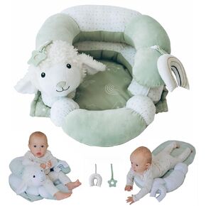 2-in-1 Tummy Time Mat and Seated Support with Sensory Toys – for Newborns and Babies – Includes Detachable Cushion for Supervised Play & Head/Neck Development (Sand)