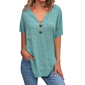 Linen Shirts for Women Casual Cotton V Neck Drop Shoulder Short Sleeve Tops Loose Blouses Beach Vacation Clothes