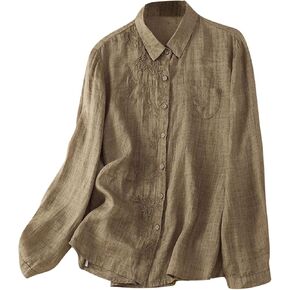 Women's Linen Tops Bohemian Long Sleeve Shirts Summer Loose Crewneck Casual Vintage Embroidered Blouse Cotton Tops