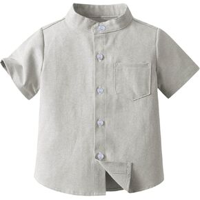 Toddler Baby Boys Linen Shirt Short Sleeve Button Down Casual Henle𝐲 Dress T Shirts Top with One Pocket