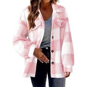 2024 Fall Coat Tops 2024 Winter Warm Fuzzy Plaid Shirt Jackets Plus Size Button Down Long Sleeve Coats with Pockets