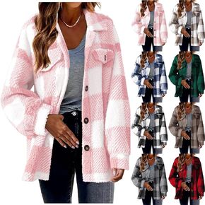 Buffalo Plaid Jacket for Women Flannel Sherpa Button Down Shacket Casual Fuzzy Fleece Long Sleeve Shirt with Pocket