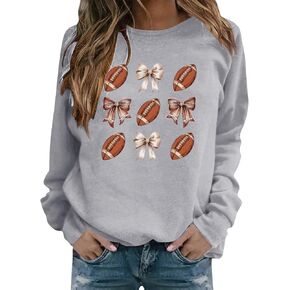 Womens Bow Football Rugby Graphic Sweatshirts Game Day Y2K Crewneck Oversized Shirt Long Sleeve Fleece Pullover