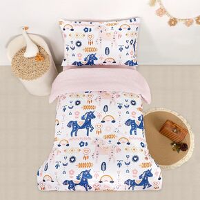 Toddler Bedding Set for Girls 4 Pieces Pink Rose, Soft Breathable Toddler Comforter Set, Bow Flower Print, Includes Reversible Comforter, Fitted Sheet and Flat Sheet, Pillowcase