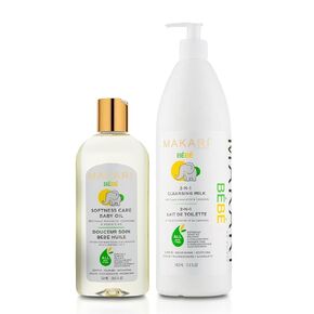 Makari Baby Care Essentials حزمة: رعاية النعومة زيت الطفل (8.4 أوقية) مع اللوز الحلو والبابونج + الحليب التطهير (1000 مل) - العناية بالبشرة اللطيفة ، hypoallergenic للحديدين الجدد والرضع الحساسة