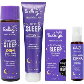 Oilogic Baby Essentials - Baby Bath - Slumber & Sleep Gift Set 4-Pack - Roll-On Essential Oil 3 oz, Calming Cream, Vapor Bath & Linen Mist - Made with Lavender and Chamomile Essential Oil