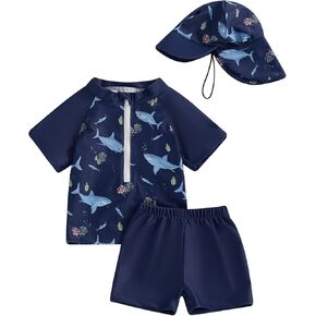 Boys Swimsuits 3 Piece Rash Guard Short Sleeve Sunsuit Kids Swimwear Sets Swim Trunks Hat