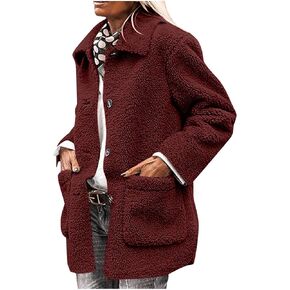 Winter Coats for Women Lapel Fuzzy Faux Fur Coat Long Sleeve Button Down Sherpa Jacket Fleece Warm Outerwear w/Pocket