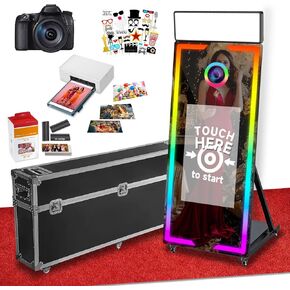 Mirror Photo Booth, 65'' Mirror Photo Booth with Camera and Printer, 43'' Interactive Touch Screen, Built-in Mini PC with Instant Print — Suitable for Various Photo-Taking Needs(Black)