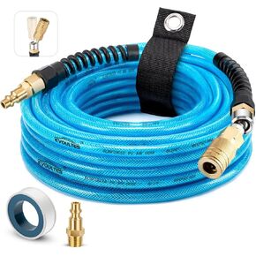 3-Layer Reinforced PU Air Hose, 1/4 Inch x 50 Ft Lightweight Air Compressor Hose with Bend Restrictor, 360° Swivel Brass Quick Connect & 1/4 Inch NPT Air Fitting, 300 PSI