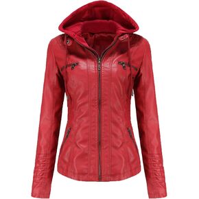 JEsilunmaMY Women's Leather Jacket with Removable Hooded Full Zip Long Sleeve Moto Biker Coat Plus Size Motorcycle Jackets