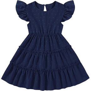 Toddler Baby Girls Dress Solid Little Girl Summer Dress Swiss Dot Round Neck Ruffled Sleeves for Holiday Party in Kuwait