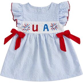 Baby Girl 4th of July Outfit Toddler USA Firework Smocked Dress Ruffle Sleeve Bowknot Plaid Fouth of July Dresses