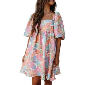 Adorable A-Line Mini Dress: Pink Summer Floral Square Neck Babydoll