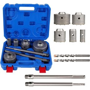 BHTOP 9 Pcs Masonry Concrete Hole Saw Kit, (30 40 65 80 100 mm) Saws, 300 mm Tungsten Carbide SDS Plus & SDS Max Bit Shank, Hole Saw Set for Concrete Brick Stone Cement Tile Wall