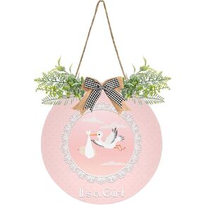 Exnundod Welcome Door Sign It's A Girl Printed Wreath Door Hanger for Front Door Stork with Newborn Baby Round Wreath Sign for Door Porch Wall Decor 12inch