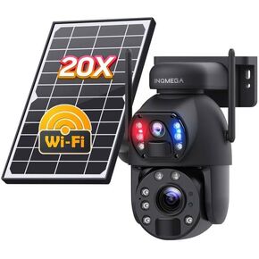 INQMEGA 6MP Solar-Powered Security Camera with 20X Optical Zoom, Dual-Screen Display, Wireless Outdoor Setup, 2.4G WiFi, and Full-Color Night Vision